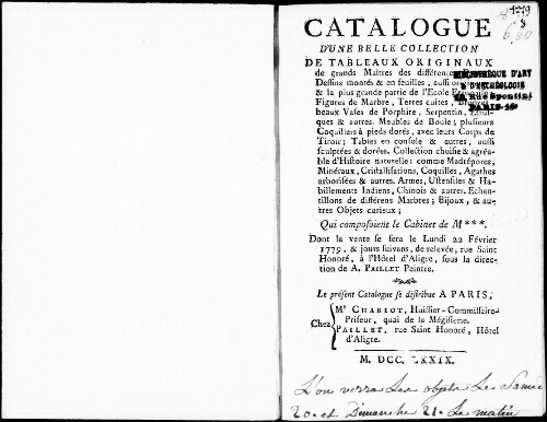 Catalogue d'une belle collection de tableaux originaux de grands maîtres des différentes écoles, dessins [...] : [vente du 22 février 1779]