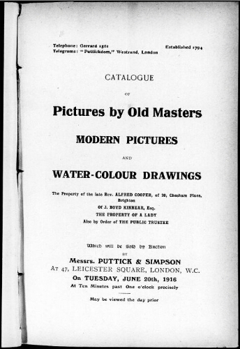 Catalogue of pictures by old masters, modern pictures and water-colour drawings […] : [vente du 20 juin 1916]