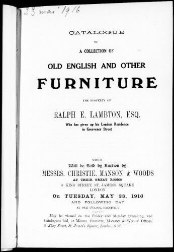 Catalogue of a collection of old English and other furniture […] : [vente du 23 mai 1916]