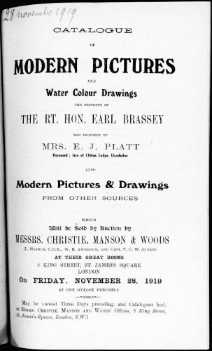 Catalogue of modern pictures and water colour drawings the property of the Rt. Hon. Earl Brassey [...] : [vente du 28 novembre 1919]