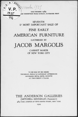 Seventh and most important sale of fine early American furniture gathered by Jacob Margolis [...] : [vente du 5 au 7 novembre 1925]
