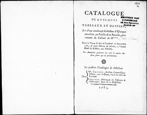 Catalogue de quelques tableaux et dessins, et d’une nombreuse collection d’estampes [...] : [vente du 28 novembre 1783]