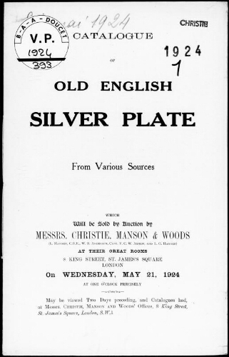 Catalogue of old English silver plate from various sources [...] : [vente du 21 mai 1924]