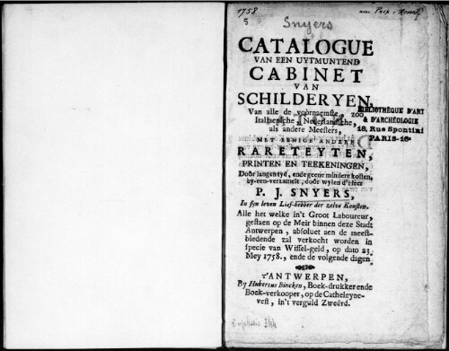 Catalogue van een uytmuntend cabinet van Schilderyen [...] : [vente du 23 mai 1758]