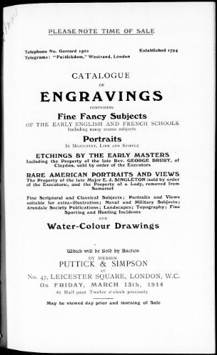 Catalogue of engravings [...] : [vente du 13 mars 1914]