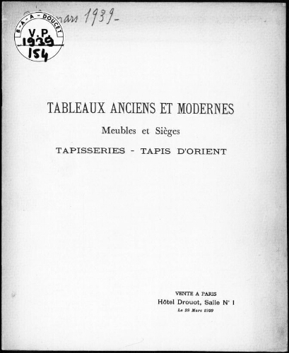 Tableaux anciens et modernes […] : [vente du 29 mars 1939]