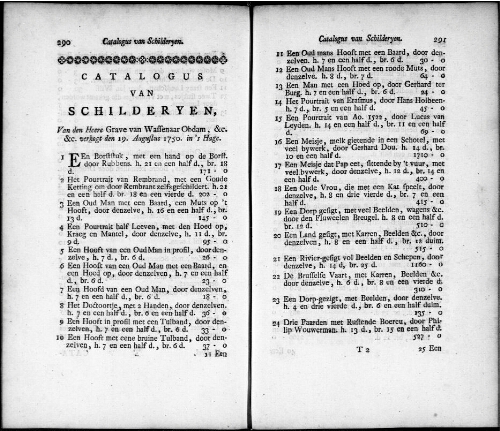 Catalogus van Schilderyen van den Heere Grave van Wassenaar Obdam : [vente du 19 août 1750]