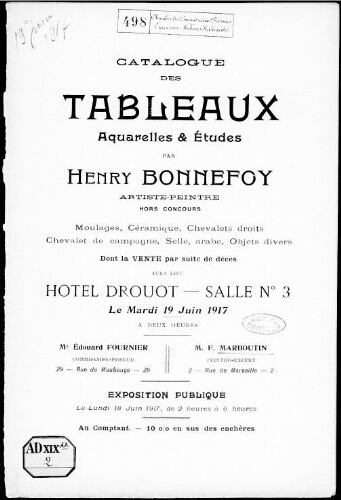 Catalogue des tableaux, aquarelles et études par Henry Bonnefoy […] : [vente du 19 juin 1917]