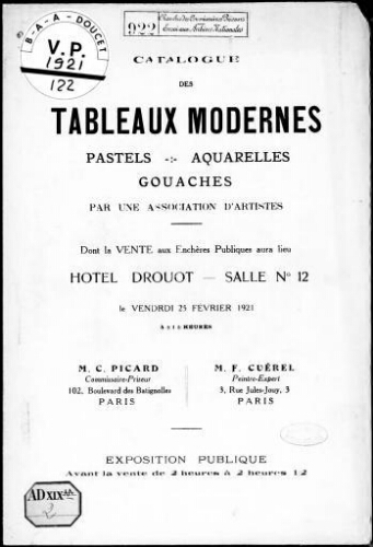 Catalogue des tableaux modernes, pastels, aquarelles, gouaches par une association d'artistes [...] : [vente du 25 février 1921]