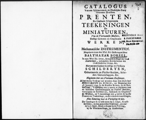Catalogus van een Uytmuntende en Zindelyke Party schoonen Drukken Prenten [...] : [vente du 18 janvier 1745]