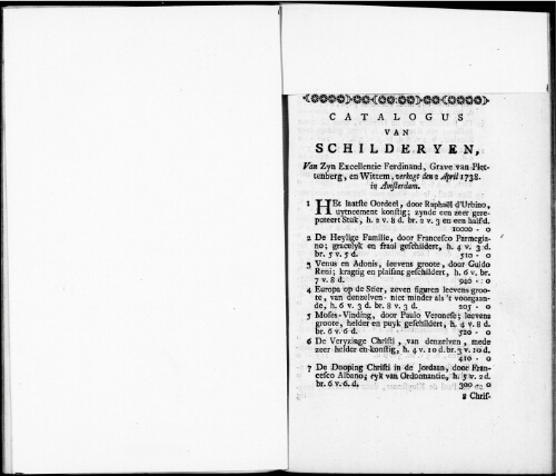 Catalogus van Schilderyen van Zyn Excellentie Ferdinand, Grave van Plettenberg [...] : [vente du 2 avril 1738]