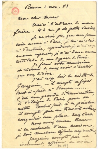 Lettre de Camille Pissarro à Eugène Murer, 2 novembre 1883
