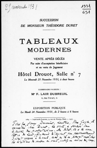 Succession de Monsieur Théodore Duret ; tableaux modernes [...] : [vente du 25 novembre 1931]