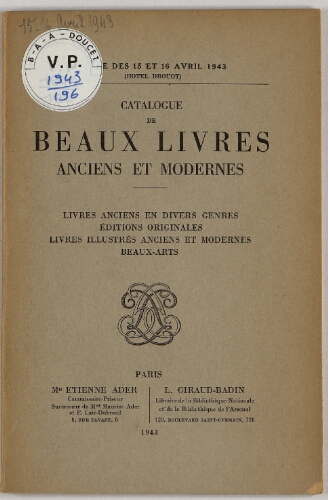 Catalogue de beaux livres anciens et modernes [...] : [vente des 15 et 16 avril 1943]