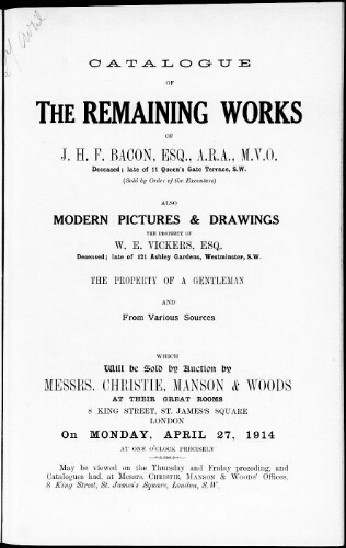 Catalogue of the remaining works of J.H.F. Bacon, esq. [...] : [vente du 27 avril 1914]