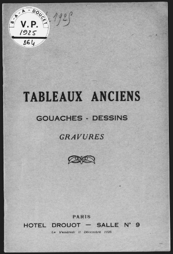 Tableaux anciens, gouaches, dessins, gravures : [vente du 11 décembre 1925]