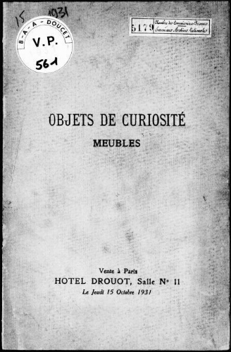 Objets de curiosité, meubles : [vente du 15 octobre 1931]
