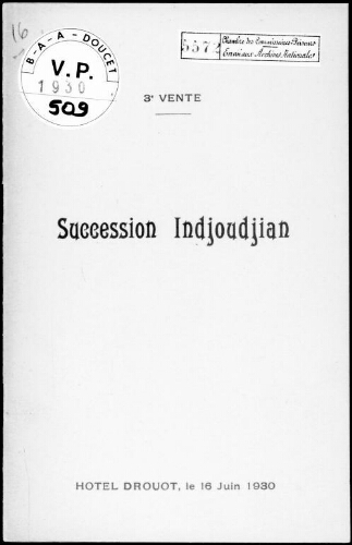3e vente, succession Indjoudjian : [vente du 16 juin 1930]