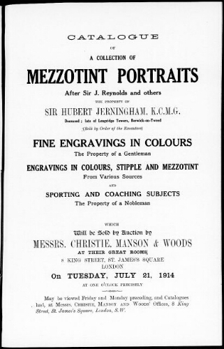 Catalogue of a collection of mezzotint portraits after Sir J. Reynolds and others […] : [vente du 21 juillet 1914]