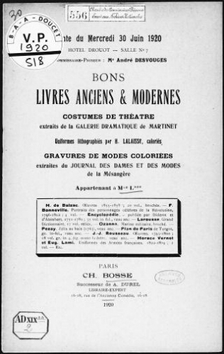 Bons livres anciens et modernes, costumes de théâtre, extraits de la Galerie dramatique de Martinet [...] : [vente