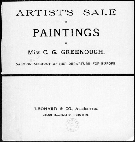 Artist's sale of paintings by Miss C. G. Greenough [...] : [vente du 20 février 1920]