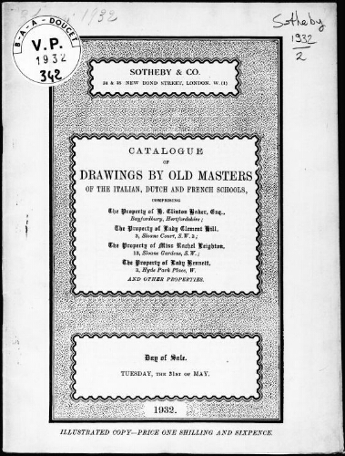 Catalogue of drawings by old masters of the Italian, Dutch and French schools, comprising the property of H. Clinton Baker, Esq. […] : [vente du 31 mai 1932]