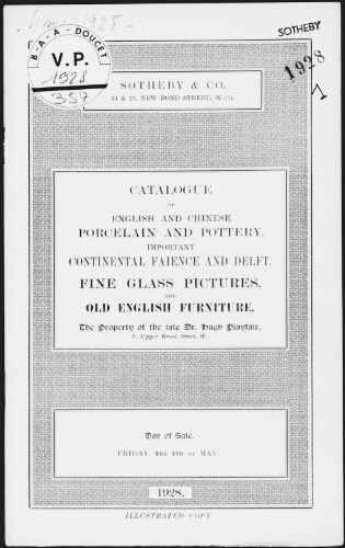Catalogue English and Chinese porcelain and pottery [...], the property of the late Dr. Hugh Playfair [...] : [vente du 4 mai 1928]