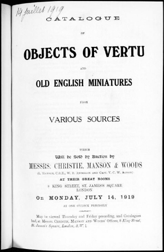 Catalogue of objects of vertu and old English miniatures [...] : [vente du 14 juillet 1919]