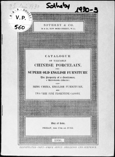 Valuable Chinese porcelain, also superb old English furniture [...] and two very fine Florentine cassoni : [vente du 27 juin 1930]
