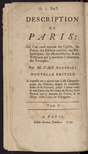 Description de Paris. Tome 1 ou A View of Paris. Volume 1
