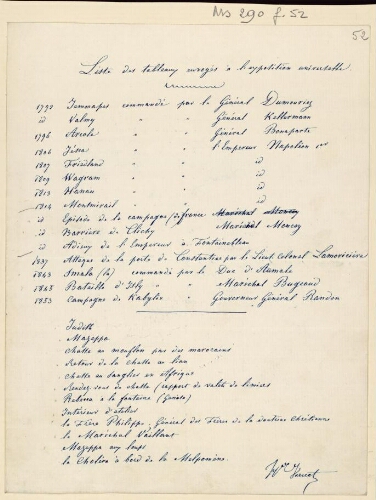 Horace Vernet. Liste des tableaux envoyés à l'exposition universelle de 1855