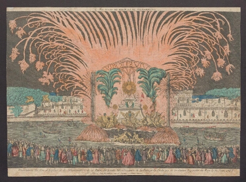 Décoration du feu d'artifice et de l'illumination de la Place de Louis XV à l'occasion de la Paix, et la dédicace de la statue équestre du roi le 22 juin 1763