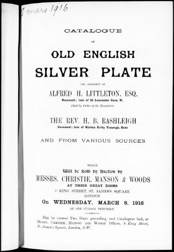 Catalogue of old English silver plate […] : [vente du 8 mars 1916]