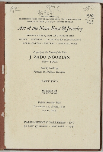 Property of the estate of the late J. Zado Noorian. Part 2 [...] : [vente du 17 au 19 décembre 1942]