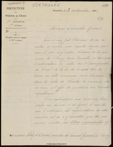 Lettre de la préfecture de Seine et Oise à Hély d'Oissel, 3 septembre 1880