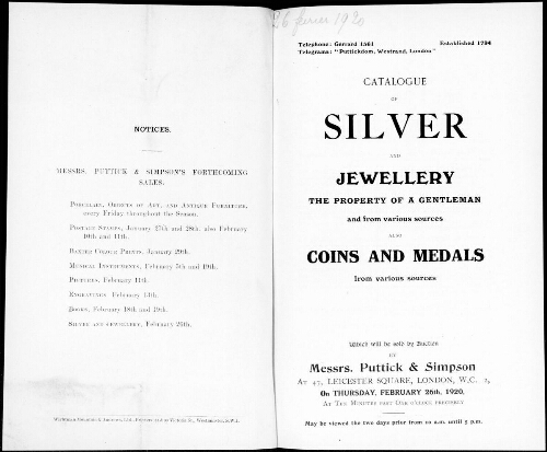 Catalogue of silver and Jewellery the property of a gentleman [...] : [vente du 26 février 1920]