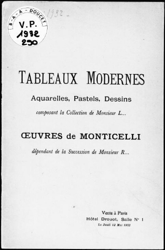 Tableaux modernes, aquarelles, pastels, dessins, composant la collection de Monsieur L... [...] : [vente du 12 mai 1932]