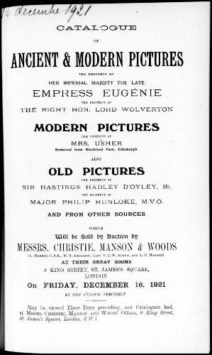 Catalogue of ancient and modern pictures, the property of Her Imperial Majesty the late Empress Eugénie [...] : [vente du 16 décembre 1921]