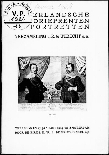 Nederlandsche historienprenten en portretten. Verzameling v. R. te Utrecht e. a. : [vente des 16 et 17 janvier 1924]