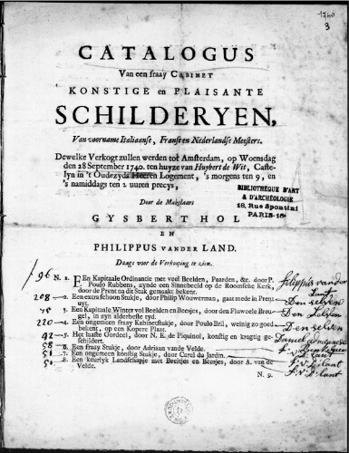 Catalogus van een fraay cabinet konstige en plaisante Schilderyen [...] : [vente du 28 septembre 1740]