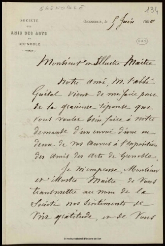 Lettre du président de la Société des Amis des Arts de Grenoble, 5 juin 1890