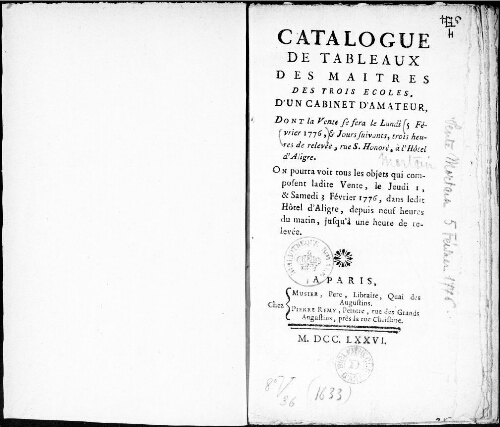 Catalogue de tableaux des maîtres des trois écoles d'un cabinet d'amateur [...] : [vente du 5 février 1776]
