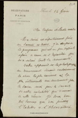 Lettre de l'Observatoire de Paris à Jean-Louis-Ernest Meissonier, 14 février 18??