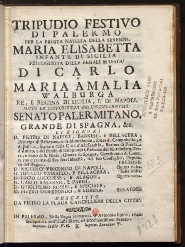 Tripudio festivo di Palermo per la fausta nascita della sereniss. Maria Elisabetta infante di Sicilia [...]
