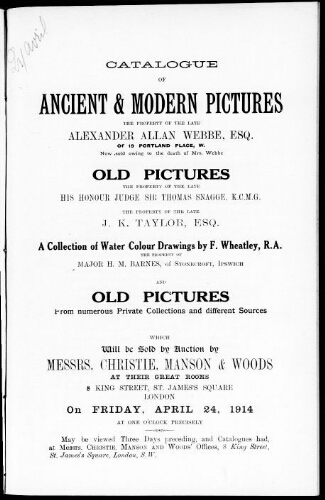 Catalogue of ancient and modern pictures [...] : [vente du 24 avril 1914]