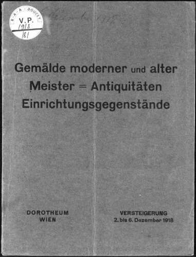 Oelgemälde, Aquarelle moderner und alter Meister […] : [vente du 2 au 6 décembre 1918]