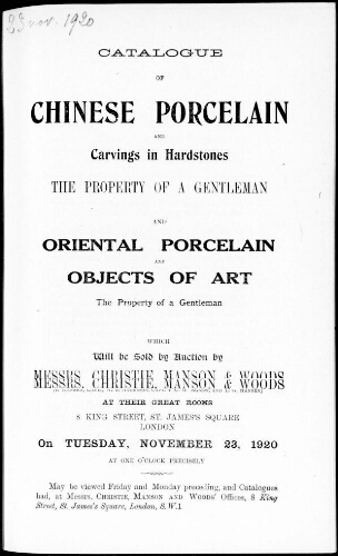 Catalogue of Chinese porcelain and carvings in hardstones [...] : [vente du 23 novembre 1920]