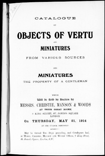 Catalogue of objects of vertu and miniatures […] : [vente du 21 mai 1914]