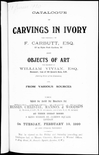 Catalogue of carvings in ivory [...] : [vente du 10 février 1920]
