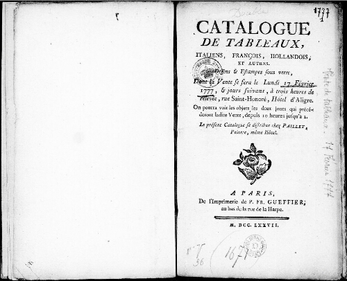 Catalogue de tableaux, italiens, français, hollandais, et autres, dessins et estampes sous verre [...] : [vente du 17 février 1777]